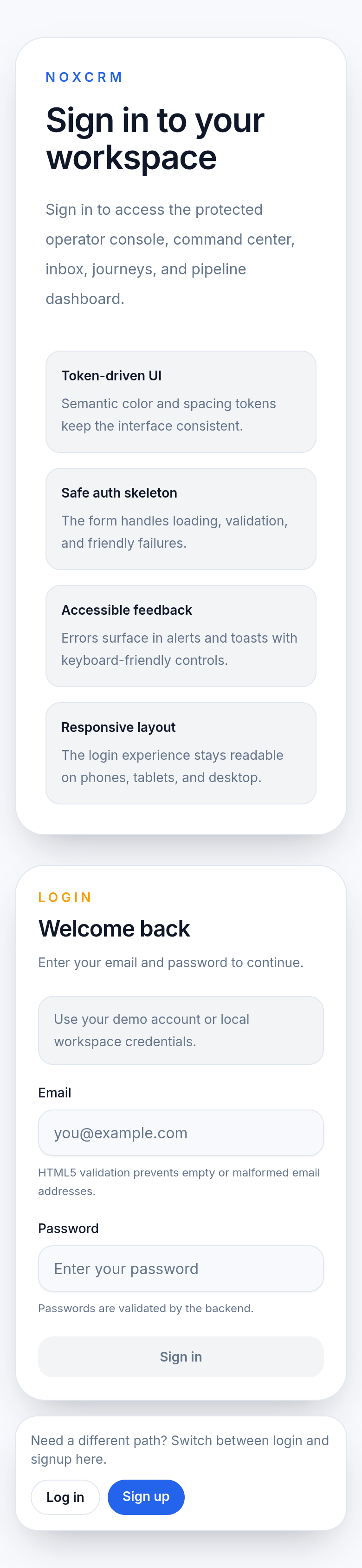 NoxCRM mobile sign-in screen