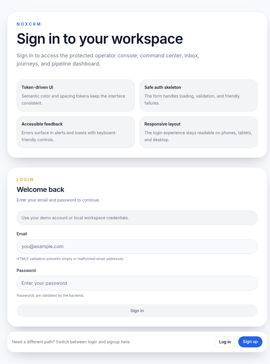 NoxCRM workspace sign-in screen
