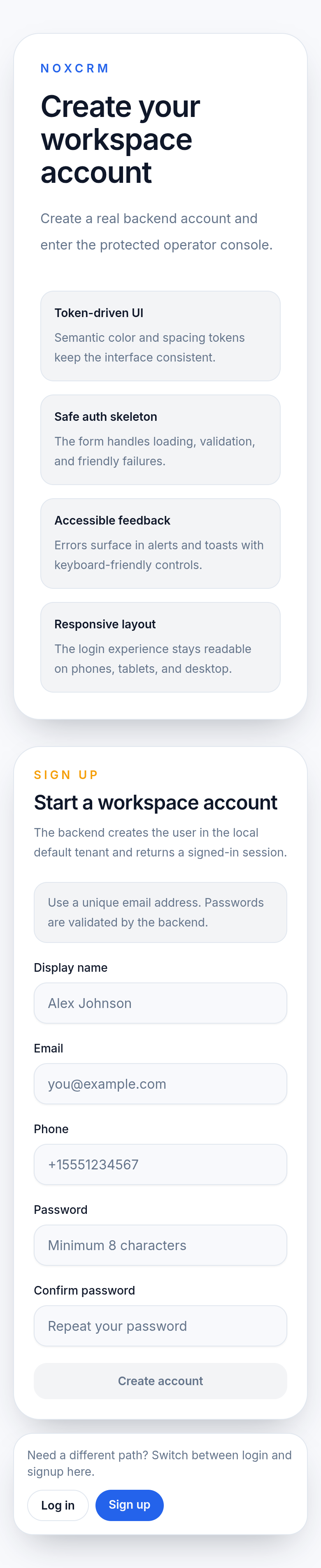 NoxCRM mobile signup screen