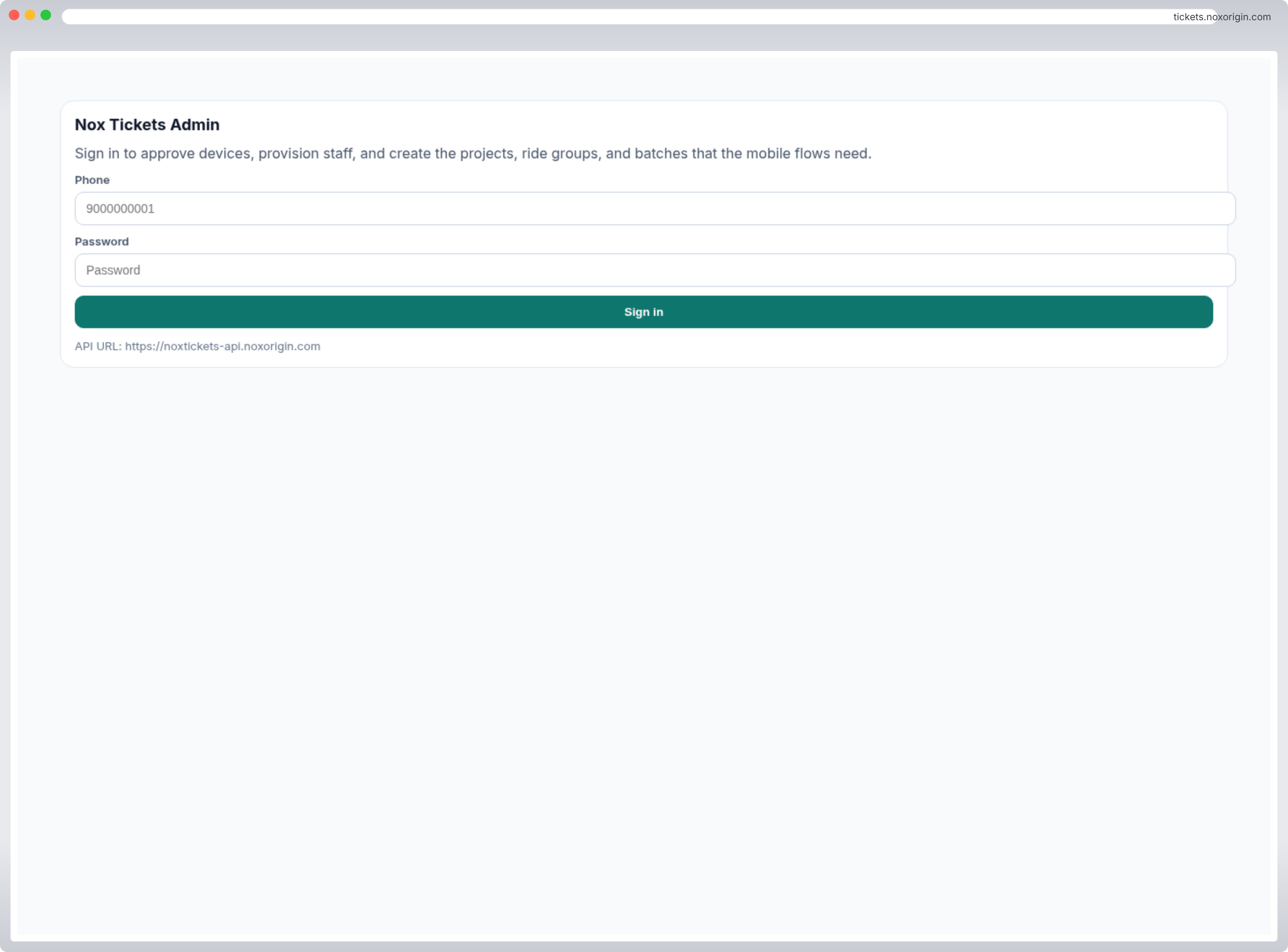 Nox-Tickets admin sign-in screen in a browser frame