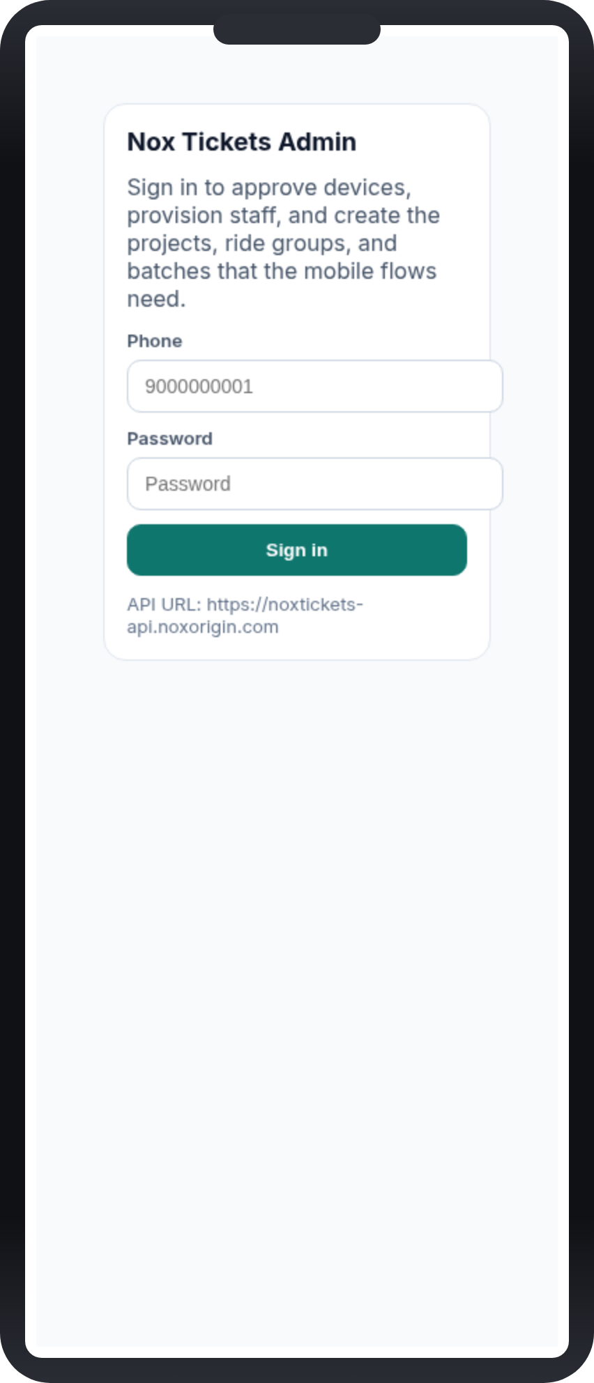 Nox-Tickets mobile admin sign-in screen in a phone frame