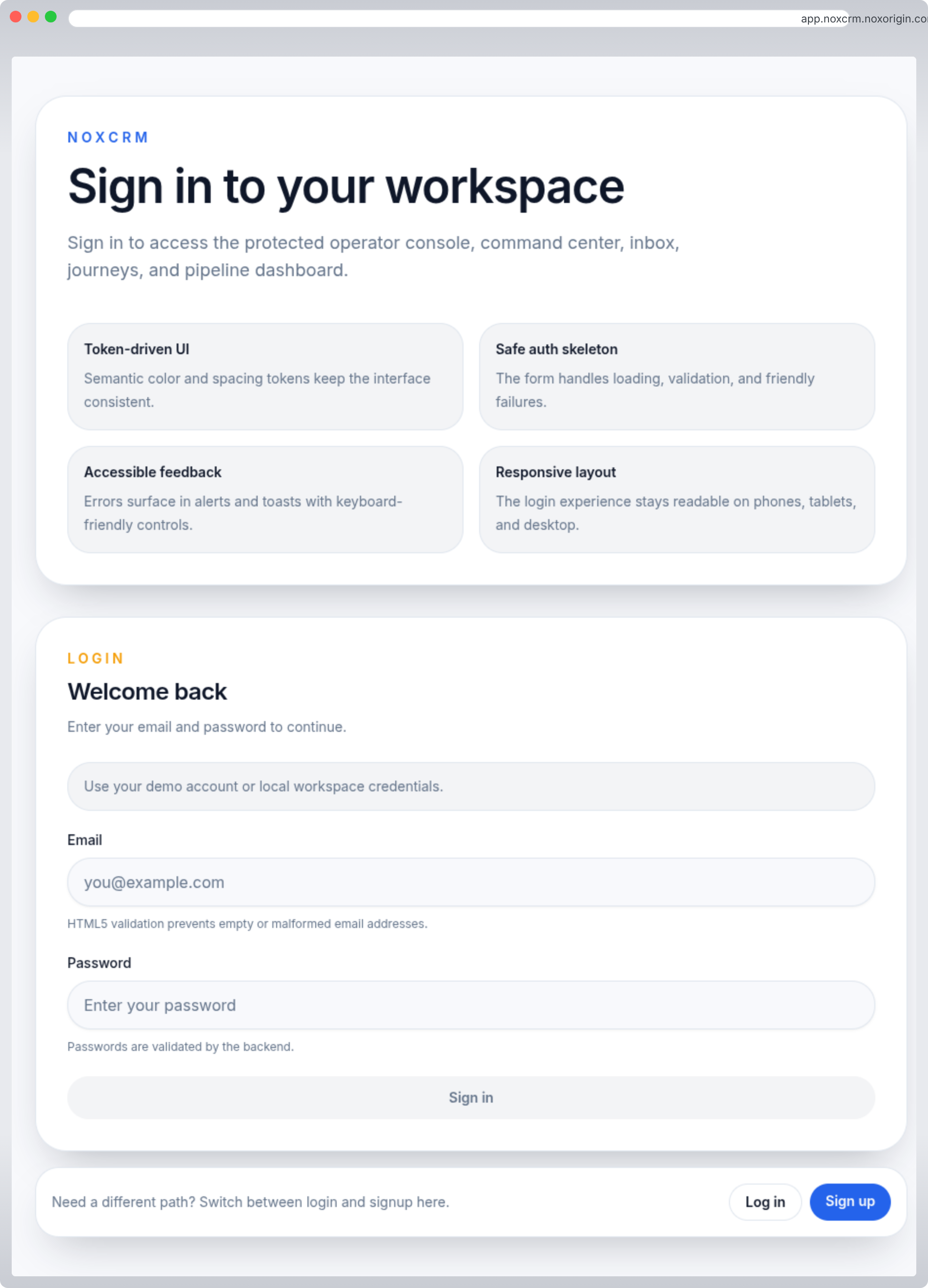 NoxCRM workspace sign-in screen in a browser frame