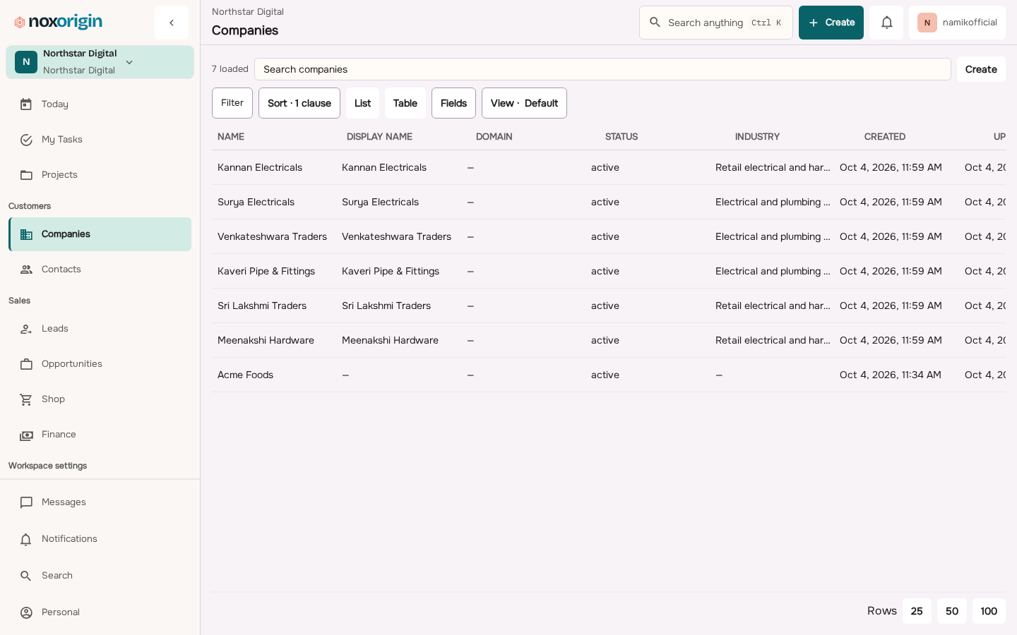 NoxOrigin Companies workspace listing customer records with pipeline stages
