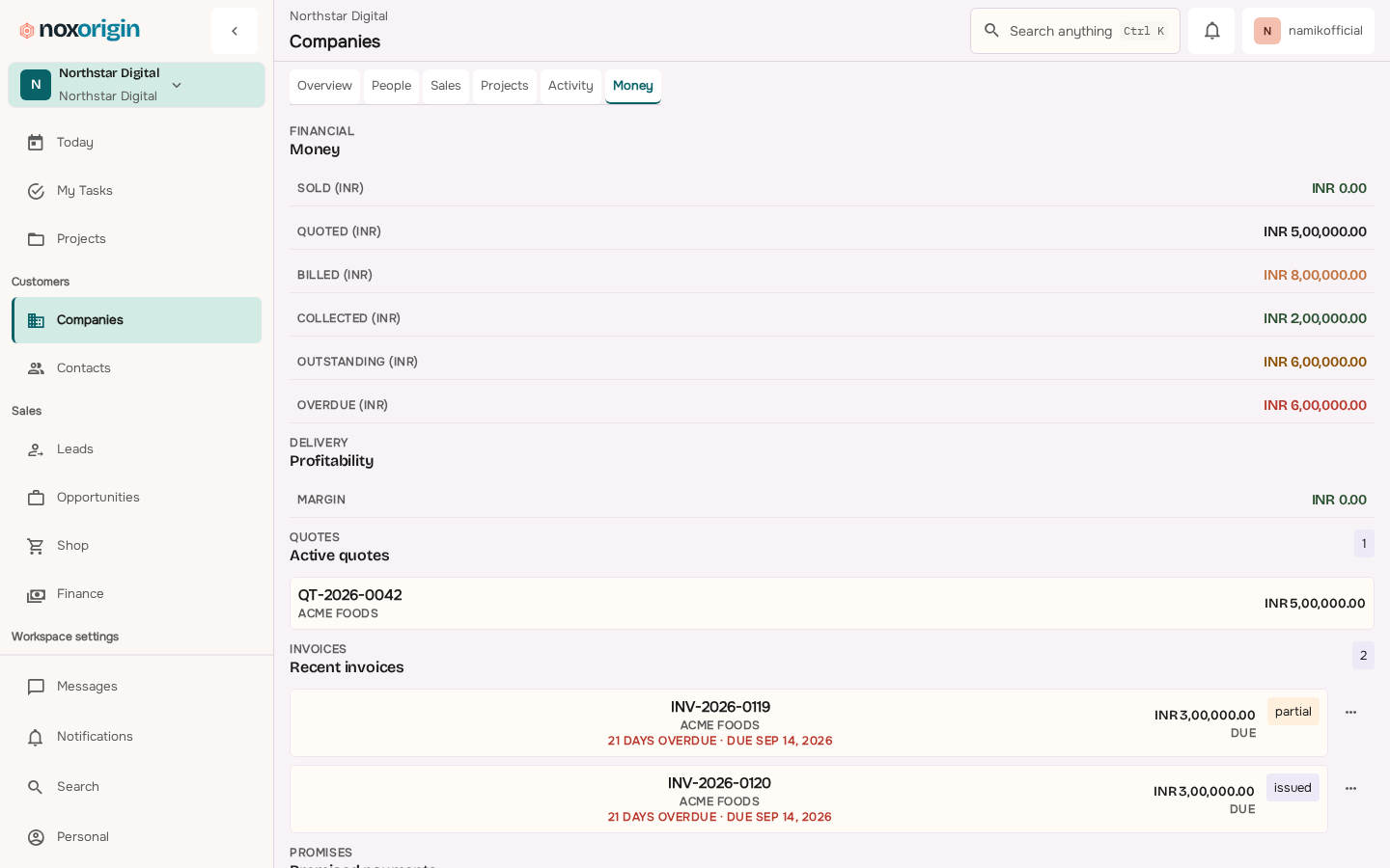 NoxOrigin company Money view showing sold, quoted, billed, collected and outstanding value with the related quotes and invoices.