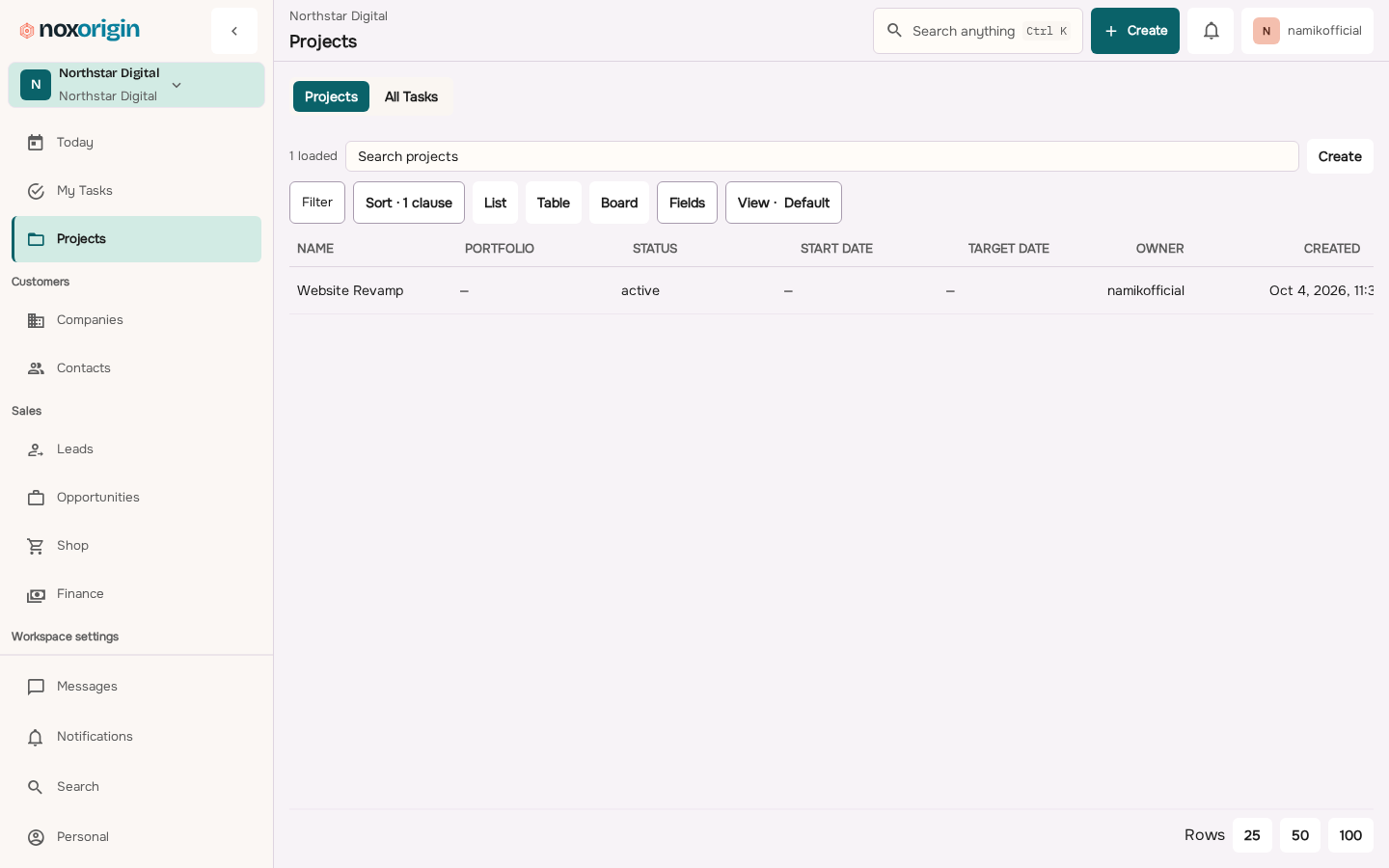 NoxOrigin Projects workspace showing delivery status and owners