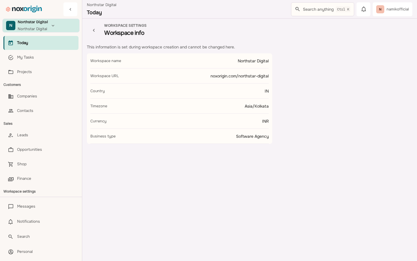 NoxOrigin workspace settings screen showing workspace identity and configuration.