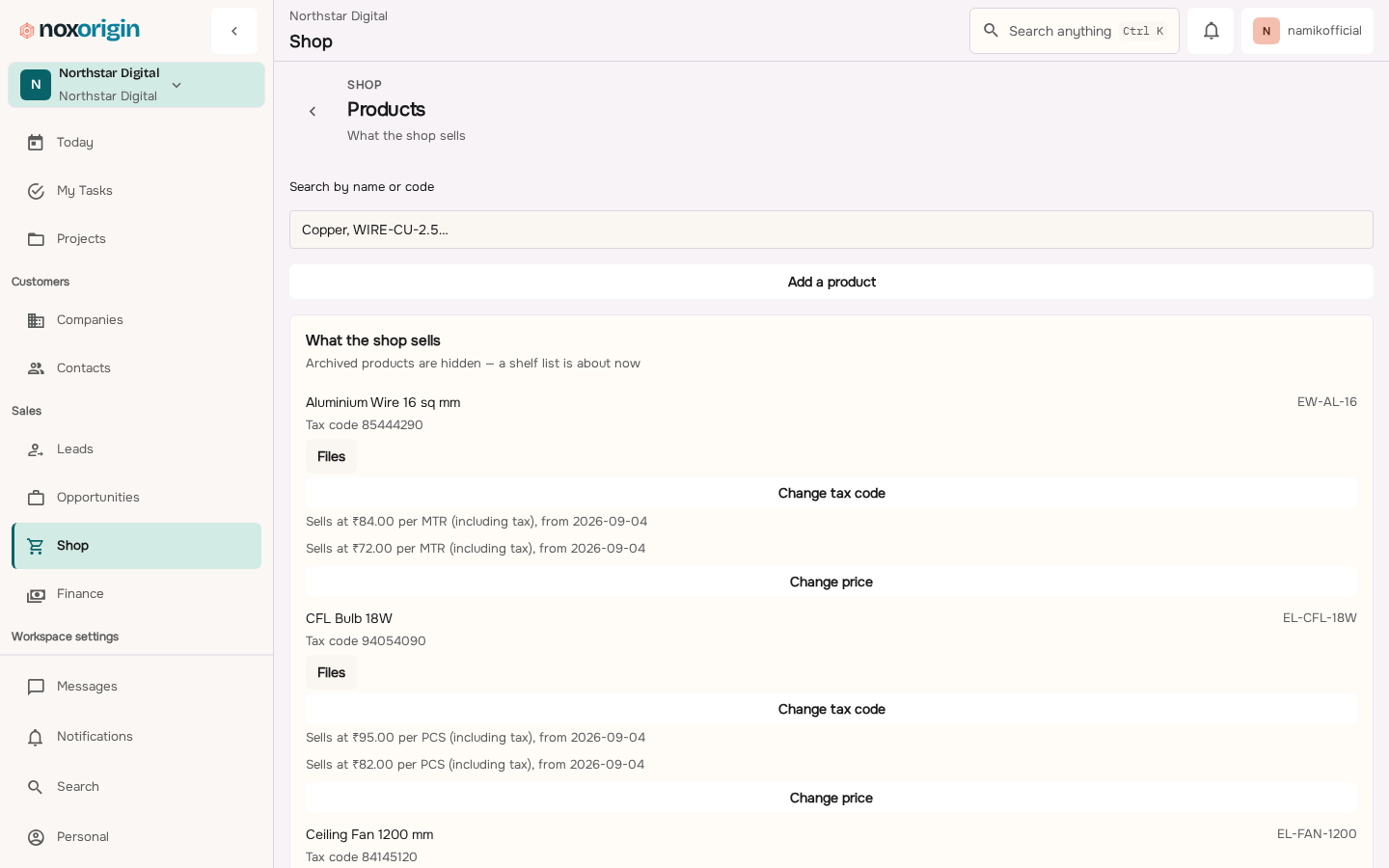 NoxOrigin Shop products catalogue listing items with units, prices and stock on hand.