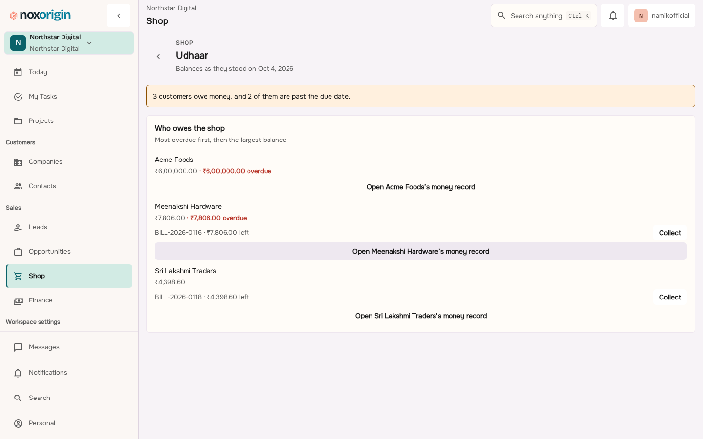 NoxOrigin Shop credit screen listing outstanding customer balances and collections.